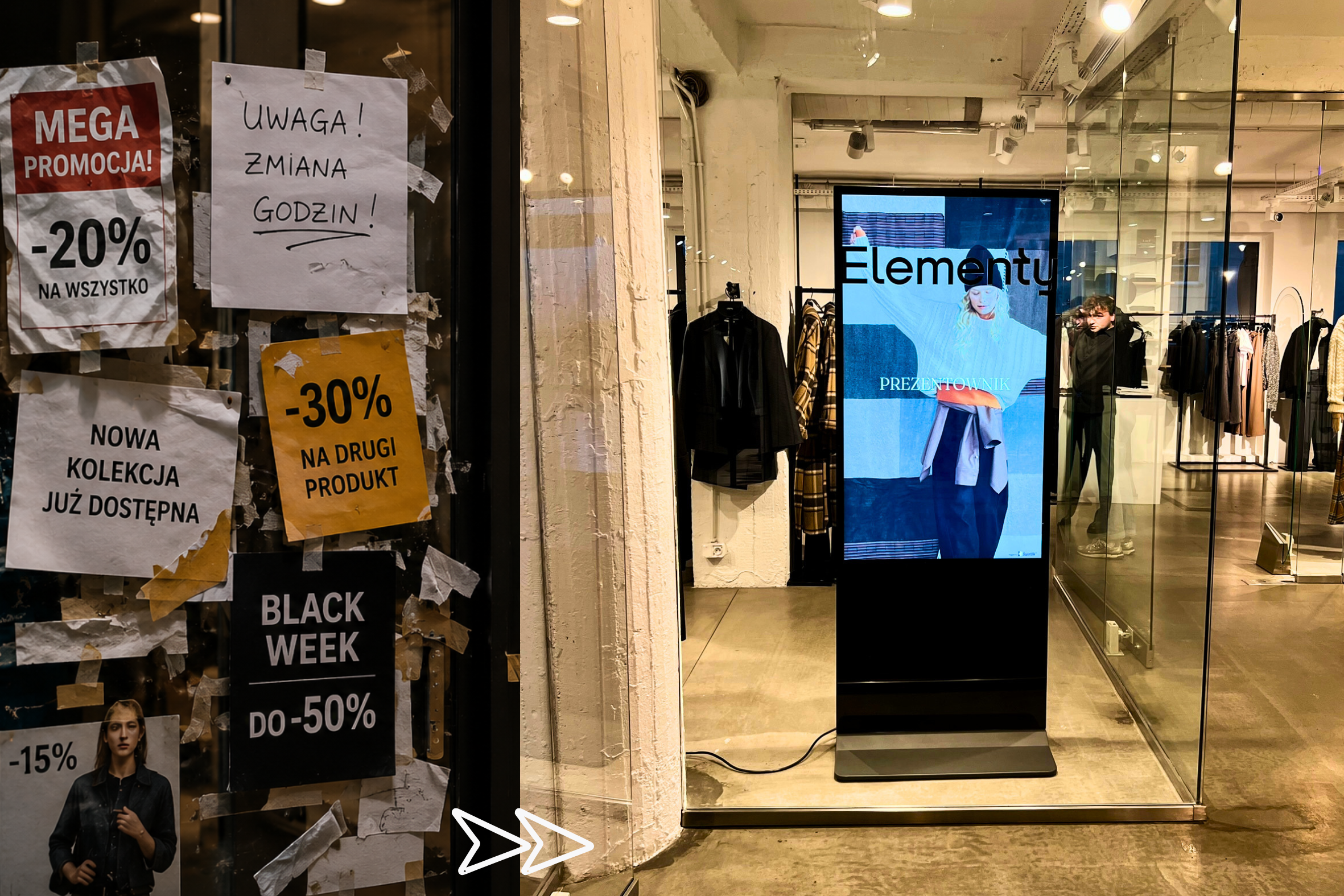 Porównanie tradycyjnej witryny sklepowej oklejonej papierowymi plakatami z nowoczesnym cyfrowym totemem reklamowym digital signage.